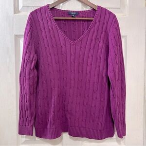 Chaps Sweater Women's V-Neck Cotton Cable Knit Purple Plus 1X